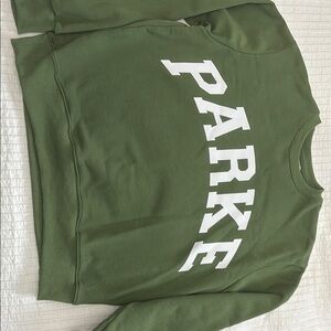 Olive Green Sweatshirt with Bold White Text